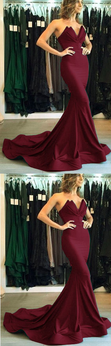Elegant Strapless Burgundy Prom Dresses Mermaid Evening Dresses Long Women Satin Formal Gowns HZ1023